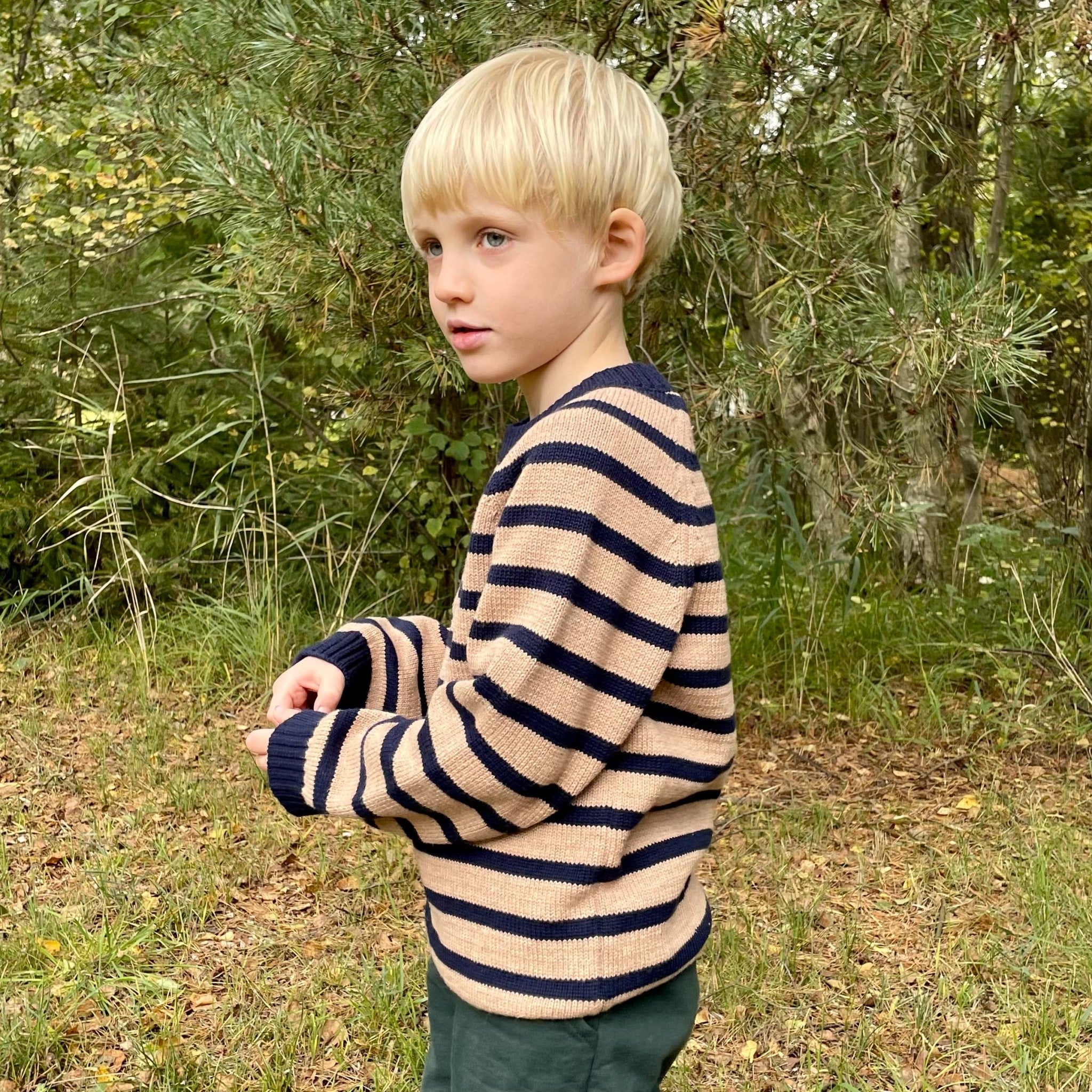 Alfie stribet sweater i uldblanding - camel/navy